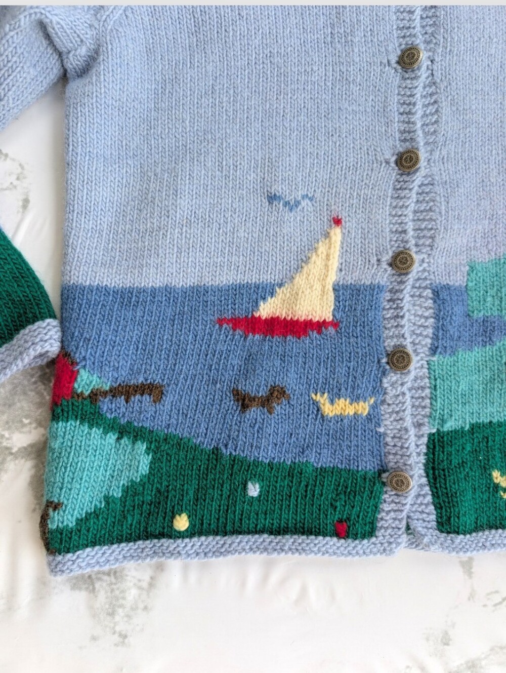 Rare Vintage Hand Knitted Graphic Hot Air Folk Sweater Cardigan Women's Large - Picture 4 of 11